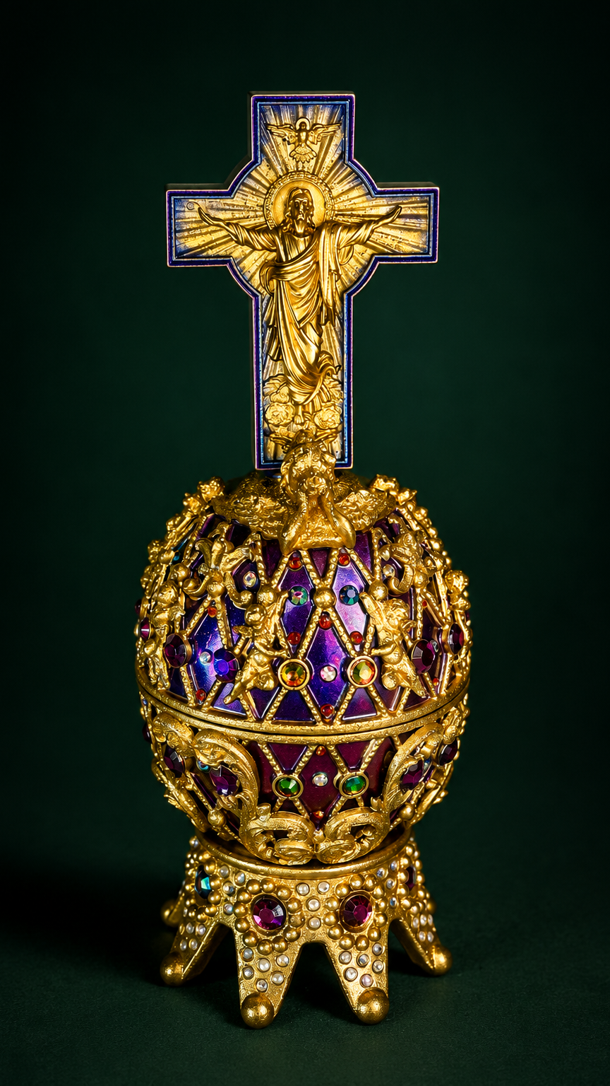 Prunkvolles Schmuckei mit Kreuz in Lila, Bordeaux und Gold
